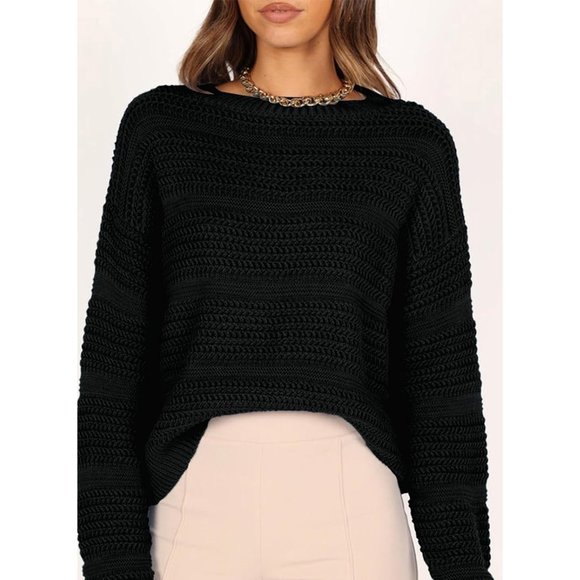 Women's Casual Loose Hollow Out Round Neck Long Sleeve Cable Knit Sweaters - Picture 3 of 4